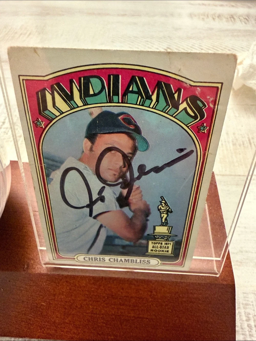 Autographed White Baseball Display with Brown Wood Base Chris Chambliss